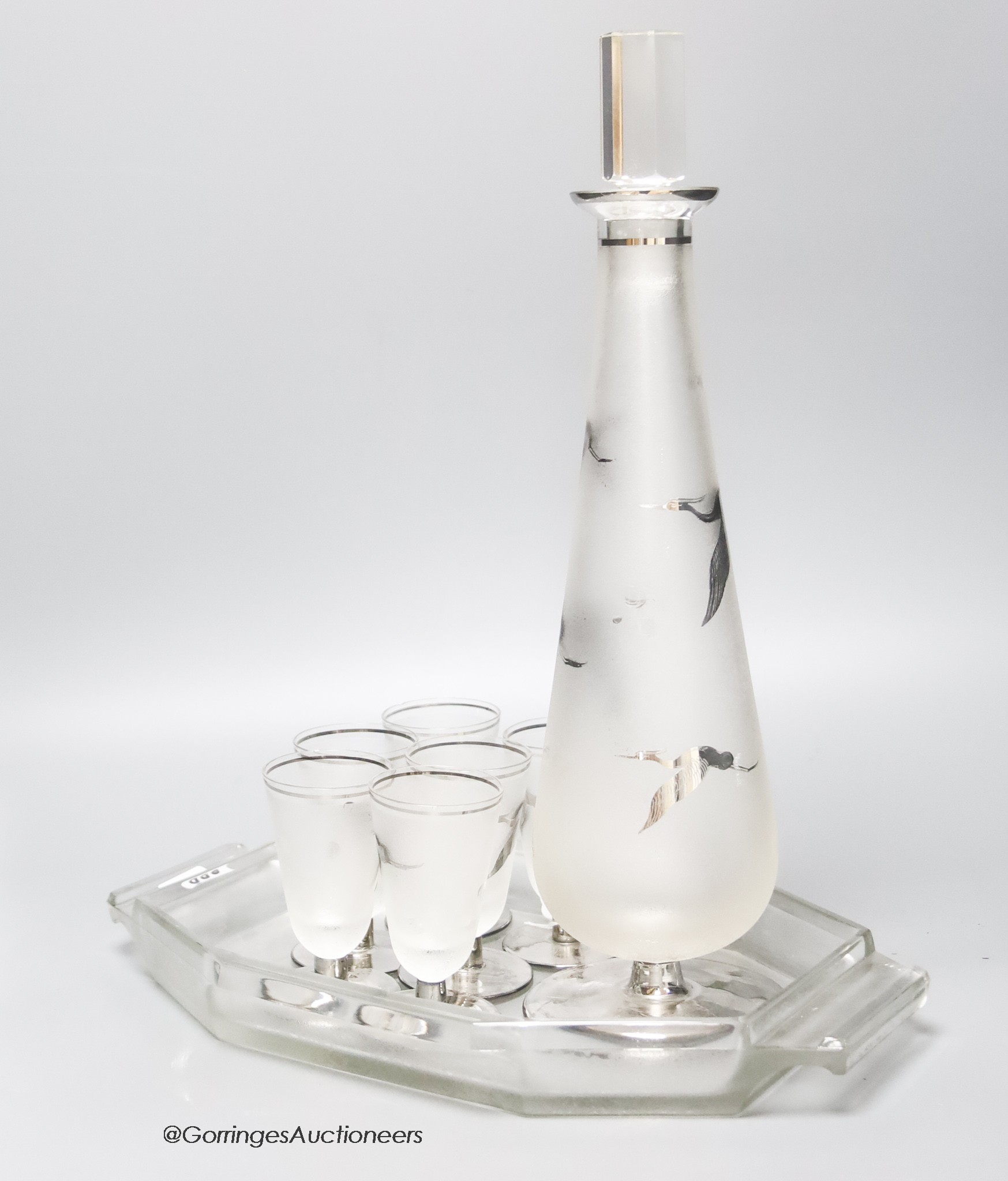 An Art Deco style glass decanter set, decanter height 40cm